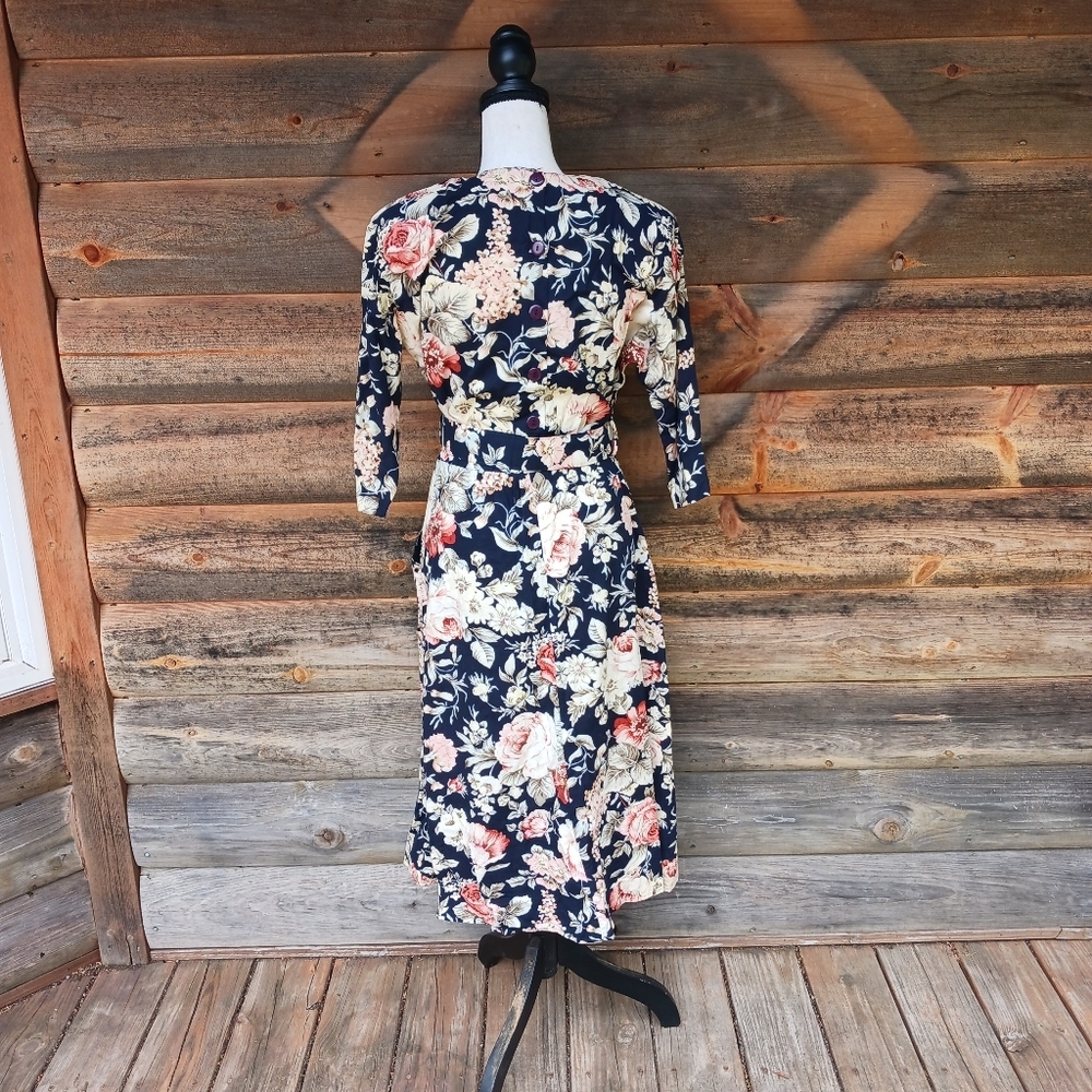 Vintage 80s Paquette Floral Puff Sleeve‎ Dress Size 8 Belted Midi Cottagecore - Picture 5 of 9